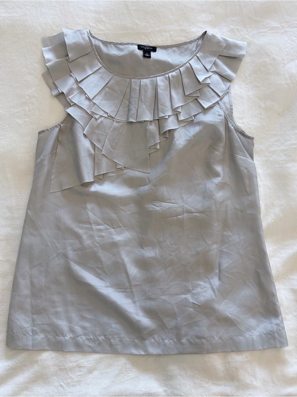 Ann Taylor Light Gray Ruffle Neck Sleeveless Blouse